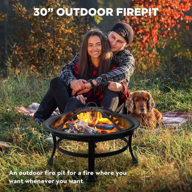 30 Inch Steel Wood Fire Pit with Spark Screen, Cover and Poker7