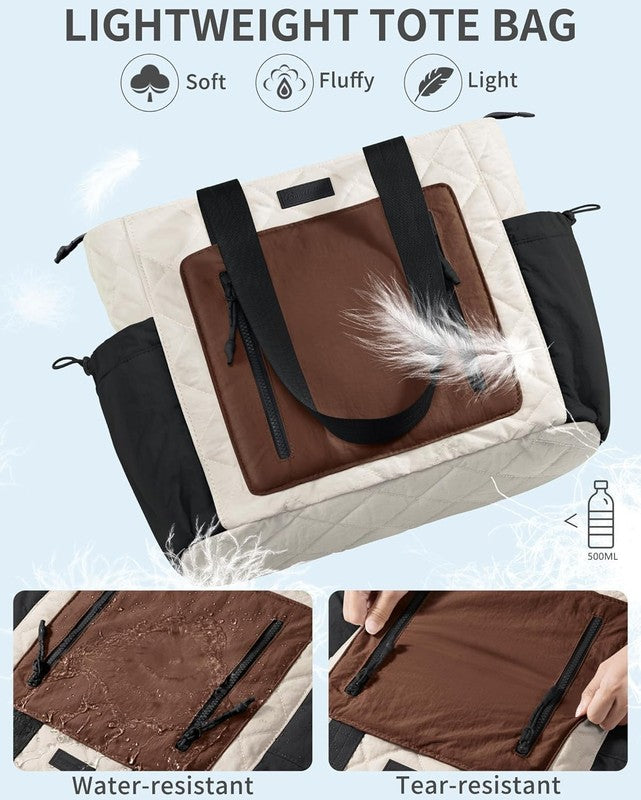 Women’s Puffer Tote Bag Lightweight Quilted Shoulder Handbag Work Laptop Brown2