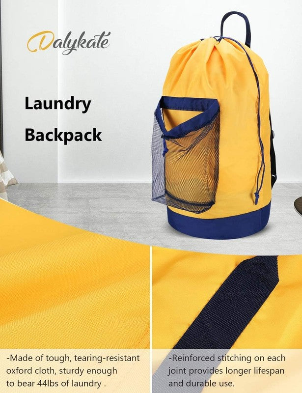 Backpack Laundry Bag with Straps & Pocket, Durable Nylon Clothes Yellow4