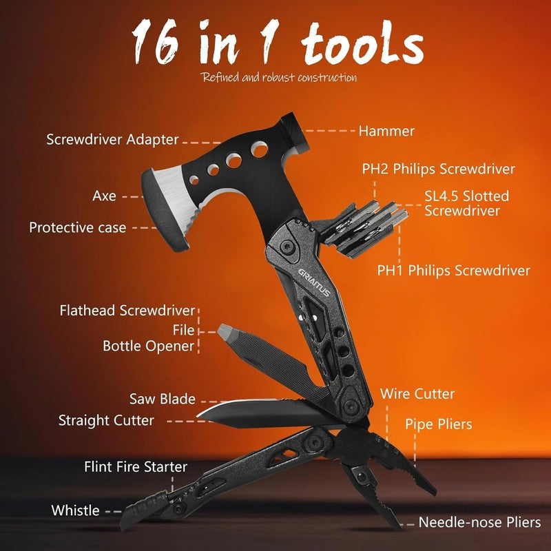 16 in 1 Camping Multitool – Survival Gear with Axe, Hammer, Pliers & More, 1