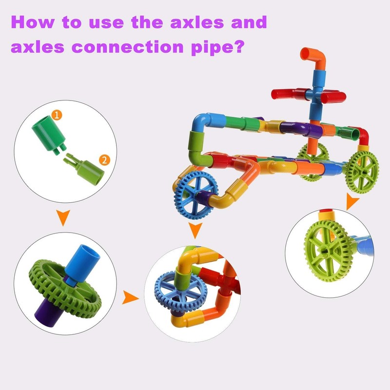 188PCS STEM Pipe Tube Building Blocks Toy w Wheels Baseplate for Kids7
