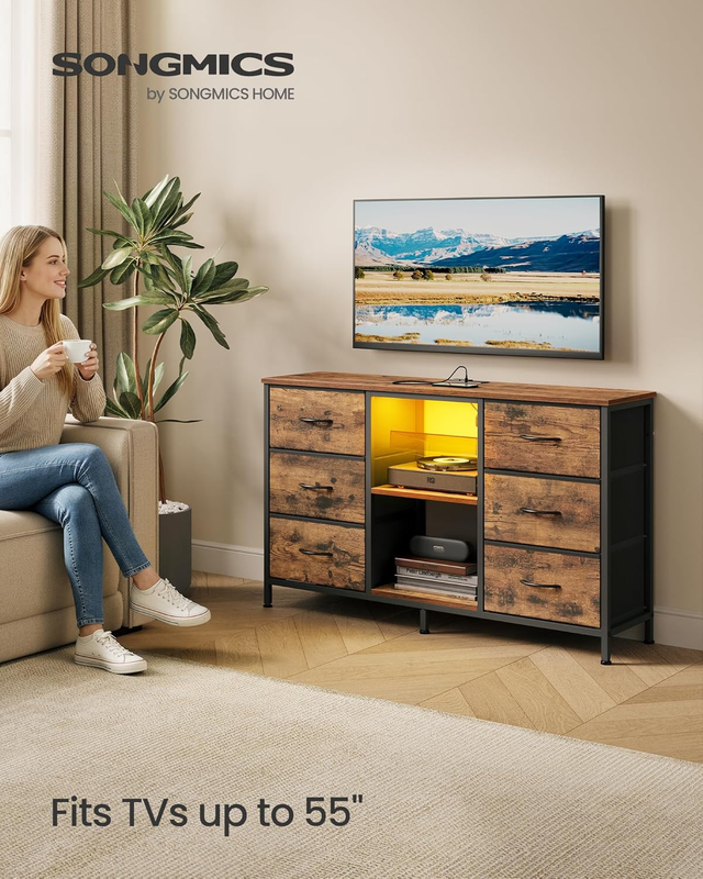 TV Stand Dresser 55 Inch Chest Drawers Steel 6 Drawers 2 Shelves Rustic Brown2