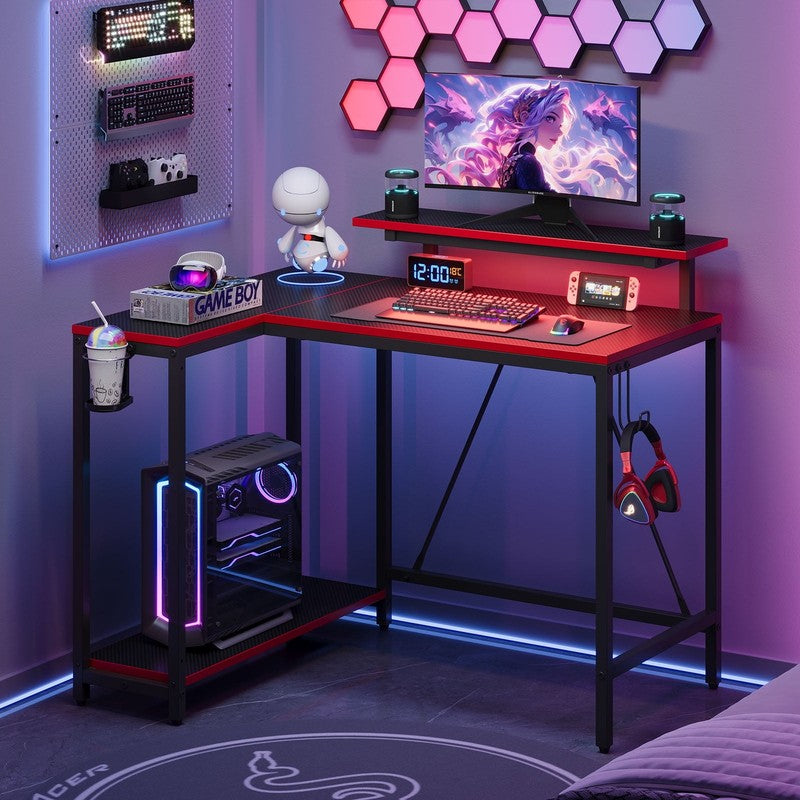 42" Reversible L-Shaped Gaming Desk LED with Monitor Stand & Headset Hooks8