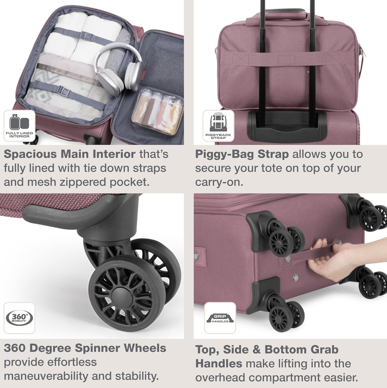 Lightweight Softside Carry On Suitcase 4 Wheel Spinner Luggage Mauve4