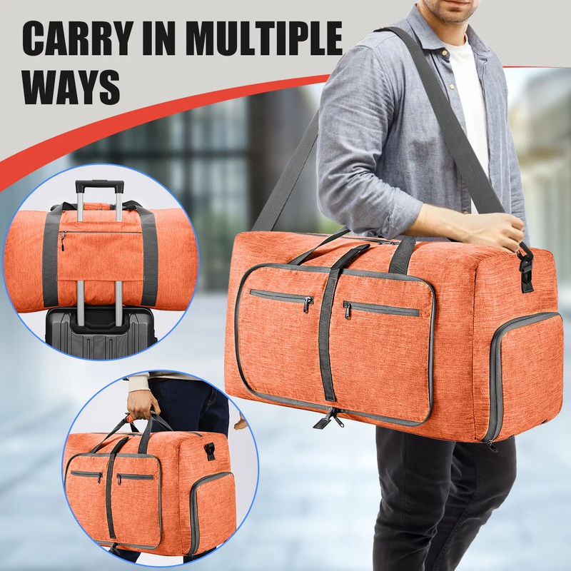 65L Foldable Travel Duffle Bag w/Shoe Compartment Water Repellent Orange5