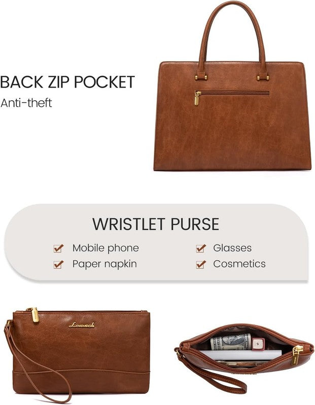 15.6" Laptop Tote Bag for Women Vintage Leather Waterproof Briefcase Brown6