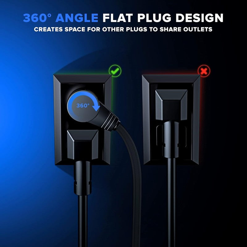 6FT 360° Rotating Flat Extension Cord 3 Outlet 16AWG Grounded UL Black2