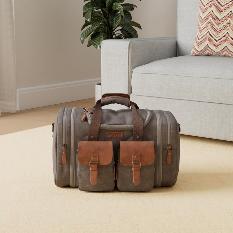 Expandable 50L Travel Duffel Bag Genuine Leather Canvas Weekender Bag1