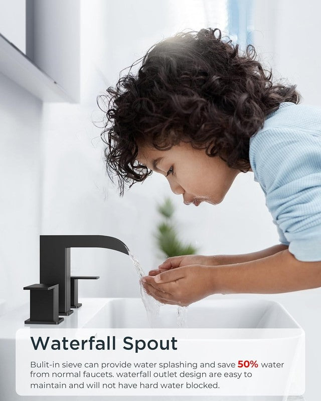 8" Matte Black Waterfall Bathroom Faucet 3 Hole w/ Drain & Supply Lines4