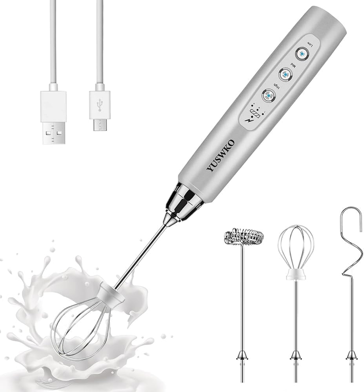 Milk Frother Handheld Rechargeable 3 Speed 3 Heads Silver Coffee Whisk10