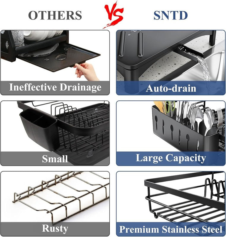 Large Rustproof Dish Drying Rack with Drainboard & Utensil Holder   Black2
