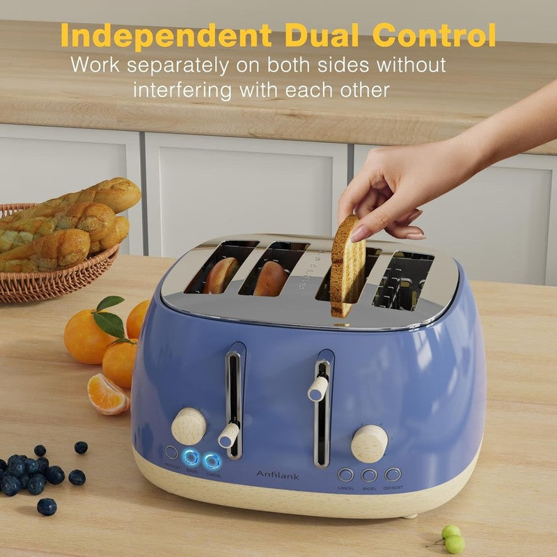 Retro 4 Slice Toaster Stainless Steel Extra Wide Slots Bagel Defrost Cancel Blue7