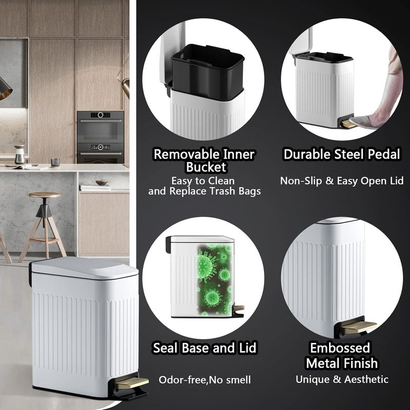5L Bathroom Trash Can, Slim Step Bin, Soft Close Lid, Embossed White Design3