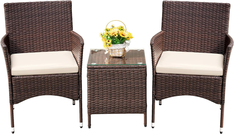 3 Piece Patio Furniture Set PE Rattan Table Outdoor Set Brown Beige Patio Porch9