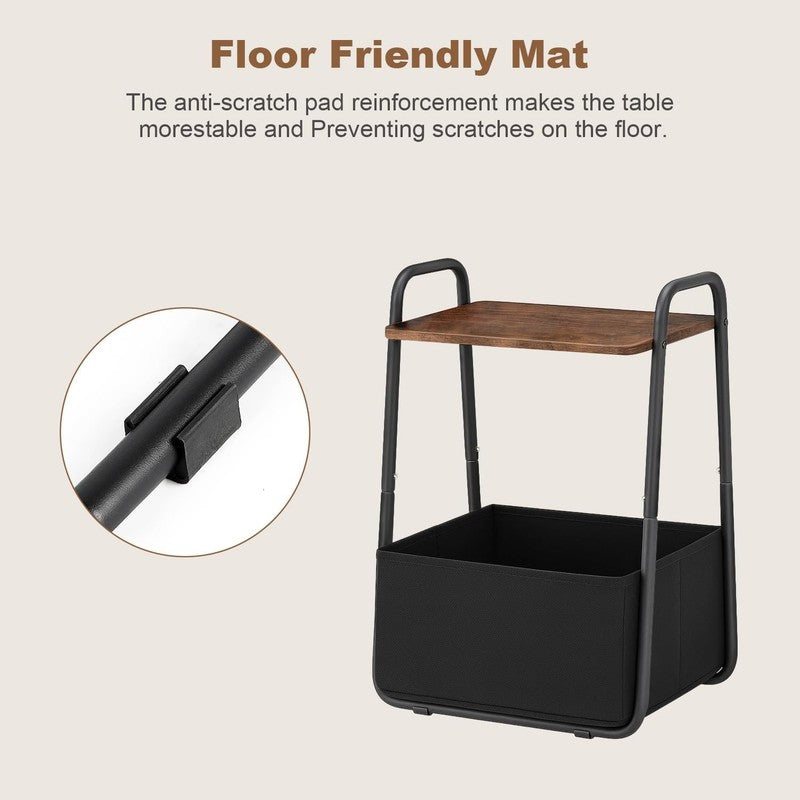 Rustic Brown Metal Nightstand Side Table with Fabric Basket Handle6