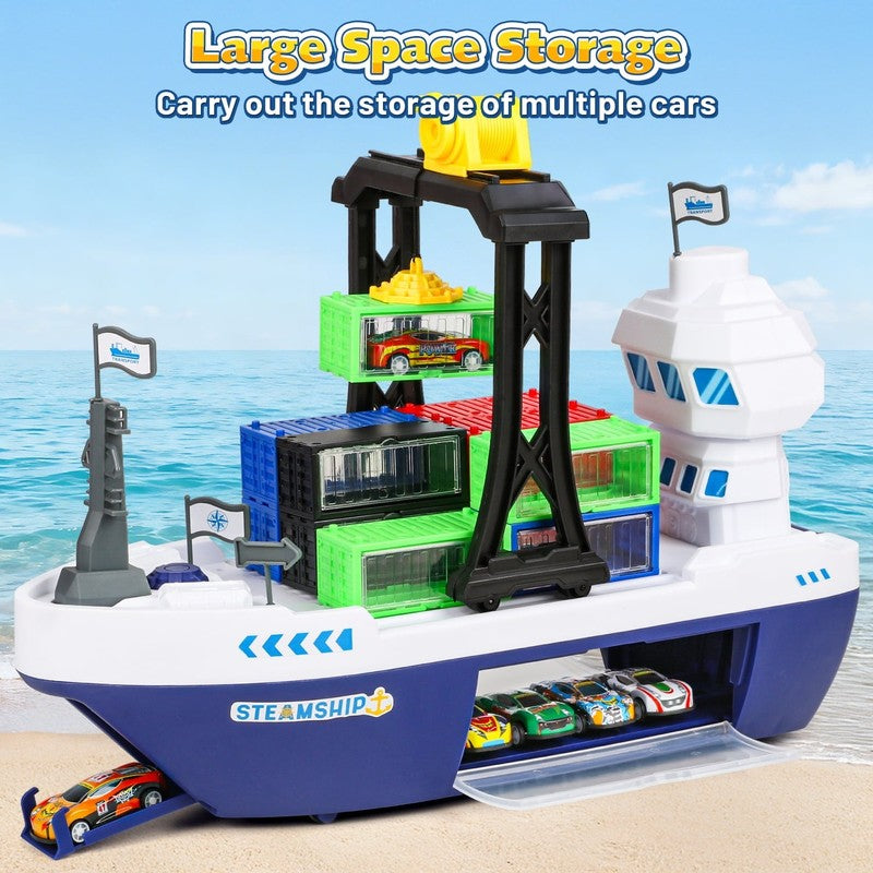 Cargo Ship Toy & Gantry Crane for Kids, Toy Boat and Crane Playset with 6 Race C4