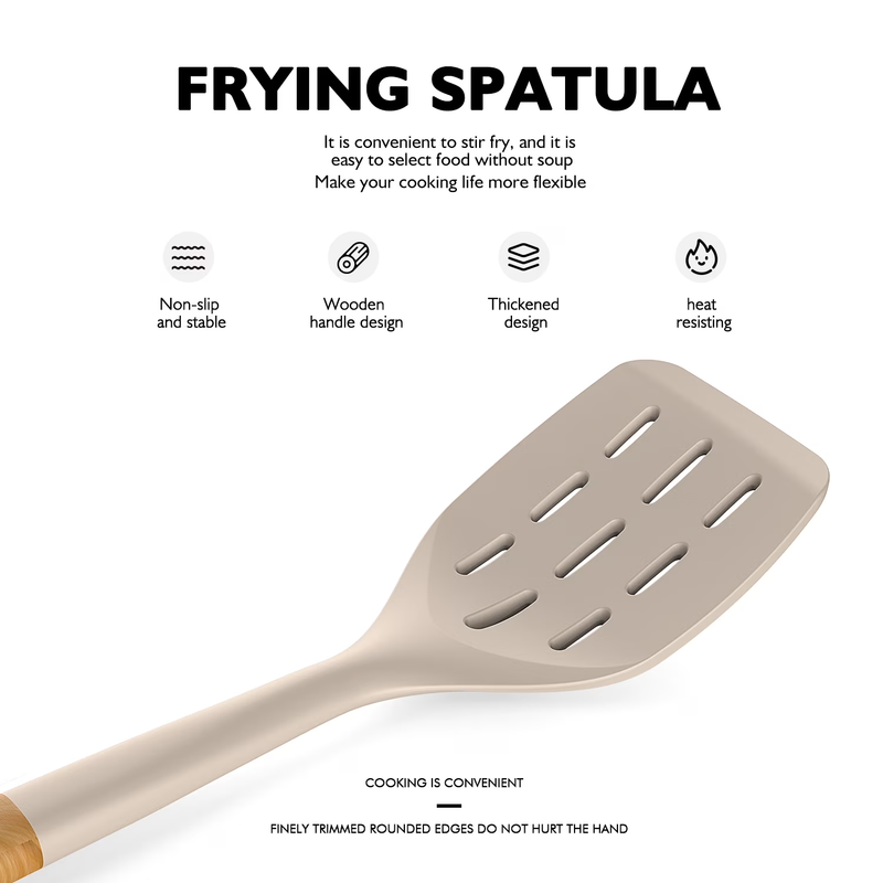 Large Silicone Kitchen Utensil Set Wooden Handle Heat Resistant Khaki1