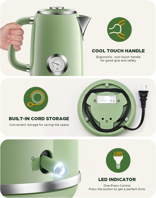 Electric Kettle 1.8L 1500W Stainless Steel Retro w/ Temp Gauge LED Auto Shut Off8