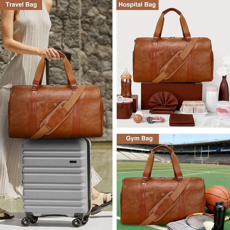 3 in 1 Leather Travel Duffle Bag Weekender Overnight Gym Bag w/ Shoe & Toiletry6