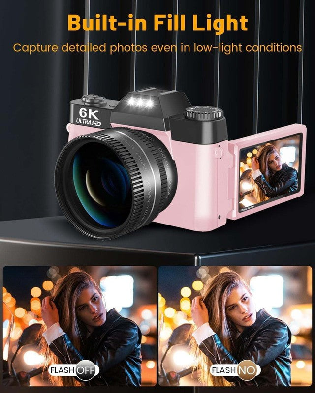 6K Digital Camera 64MP Vlogging WiFi 180° Flip Screen 16X Zoom 32GB Pink4
