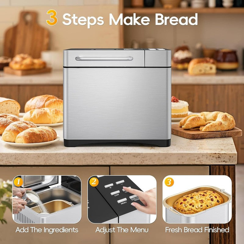 2LB Bread Maker 19-in-1 w/ Fruit Nut Dispenser Stainless Steel3