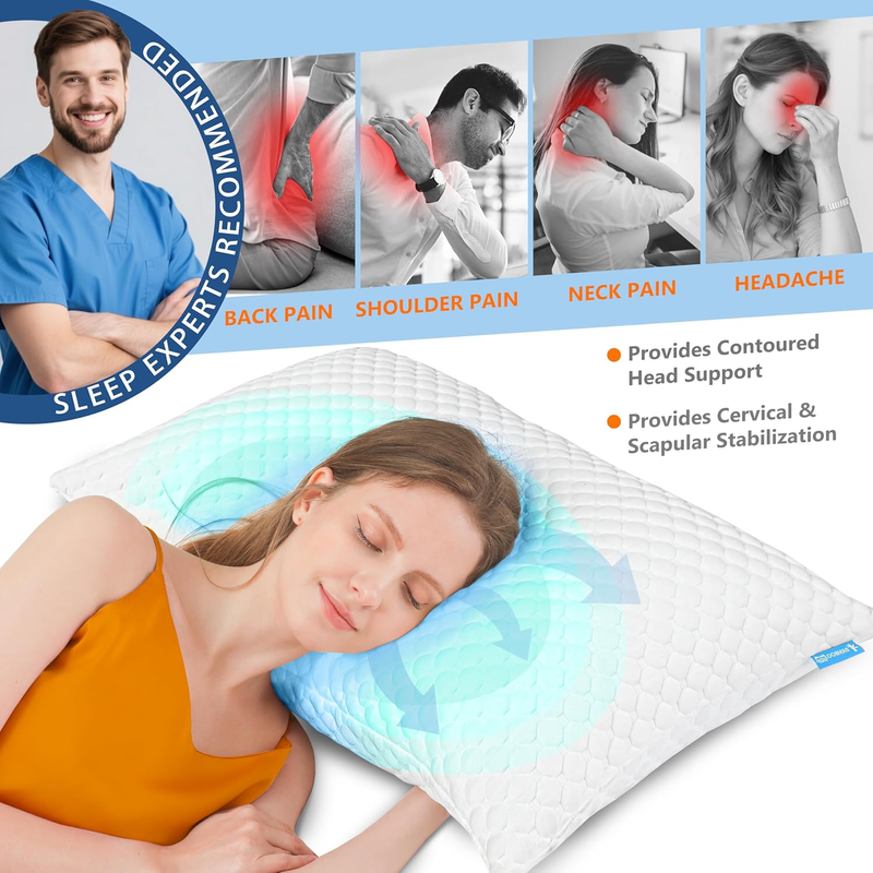 Cooling Pillows Queen Size Set of 2, Memory Foam Pillows with Zipper, Firm Bed P2