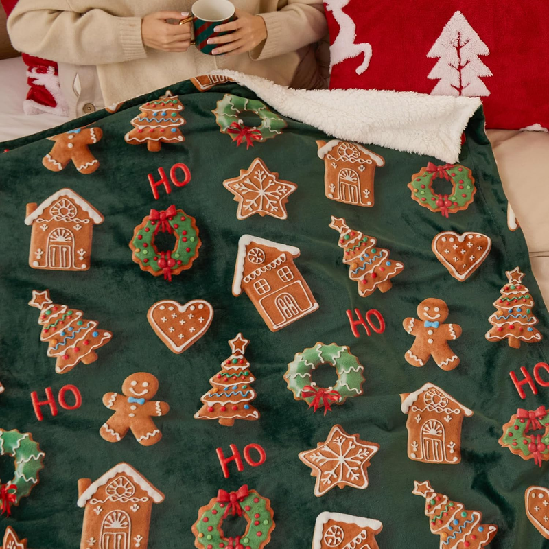 Christmas Throw Blanket Soft Sherpa 3D Gingerbread Couch Sofa Bed 50"x60" 1