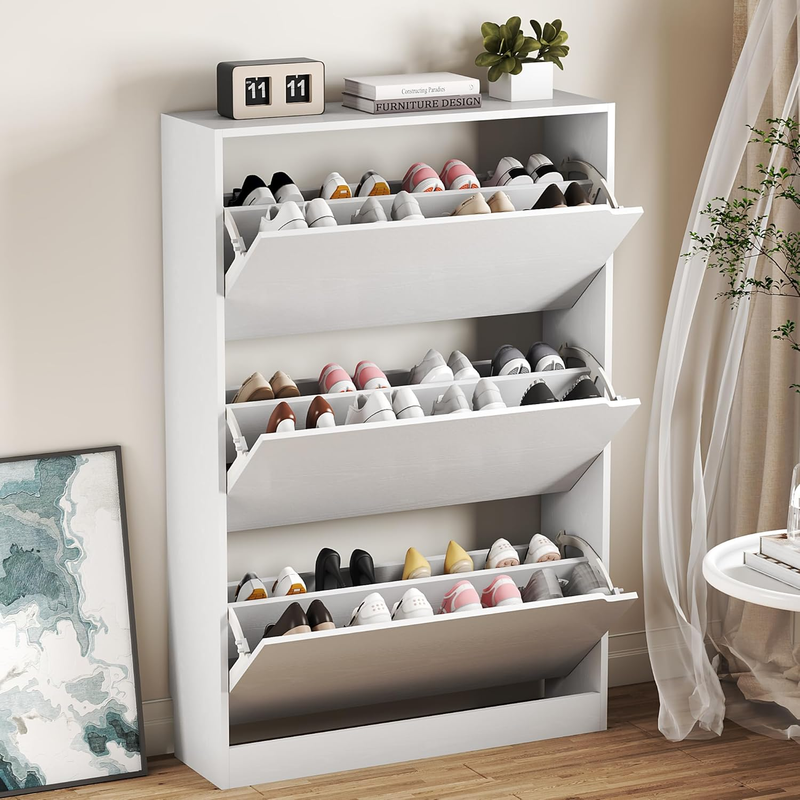 47.2'' Shoe Cabinet 3 Flip Drawers Freestanding Wood Storage Entryway White0