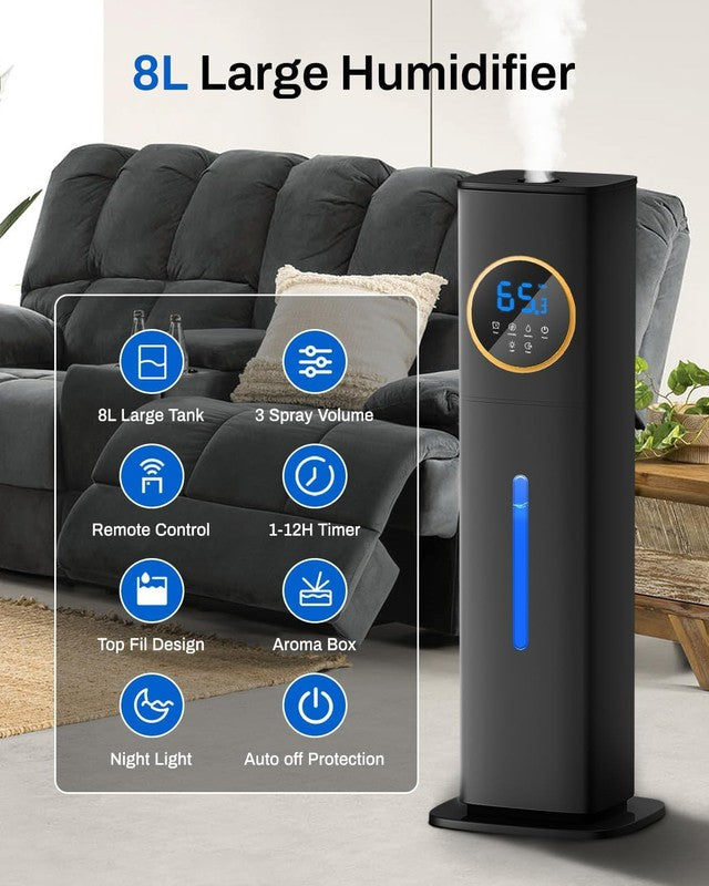 8L Cool Mist Humidifier Large Room Top Fill Night Light Essential Oil Black2