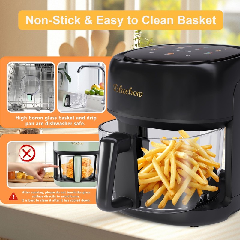 5QT Air Fryer, 360° Glass View, 8-in-1 Digital, Nonstick Basket, 1350W, Black3