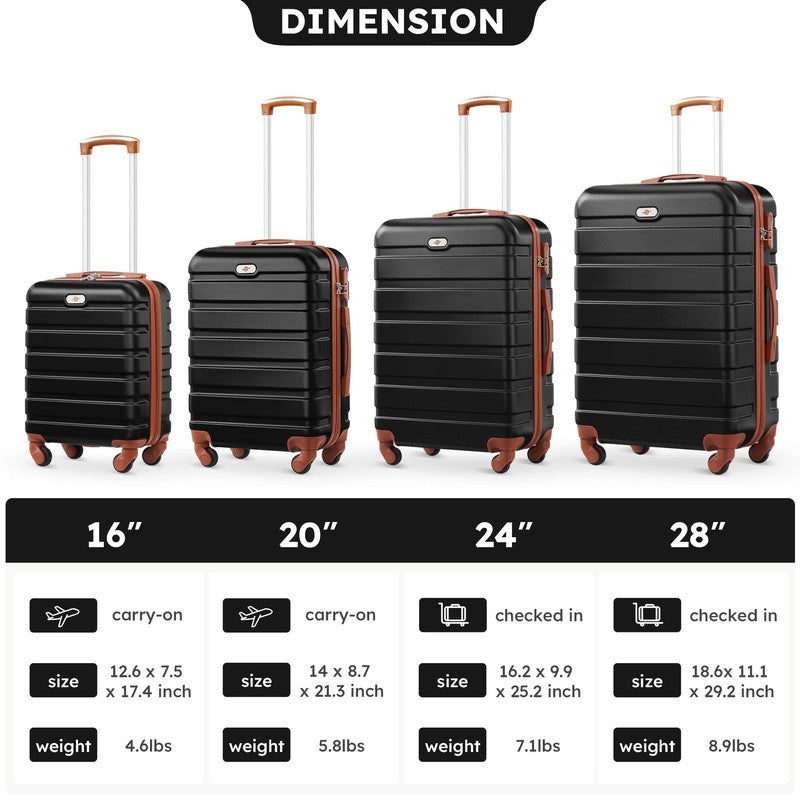 4 Piece Luggage Set Hardside Spinner Suitcase 16 20 24 28 Inch Black Brown2
