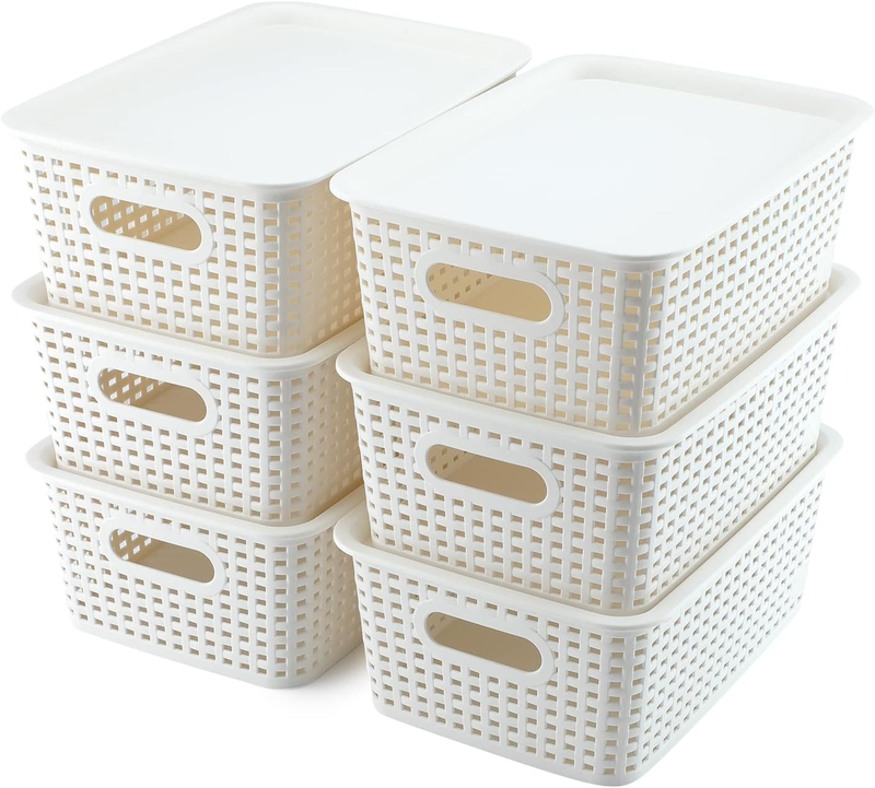 6 Pack Plastic Storage Bins with Lids, Stackable Organizer Baskets White10