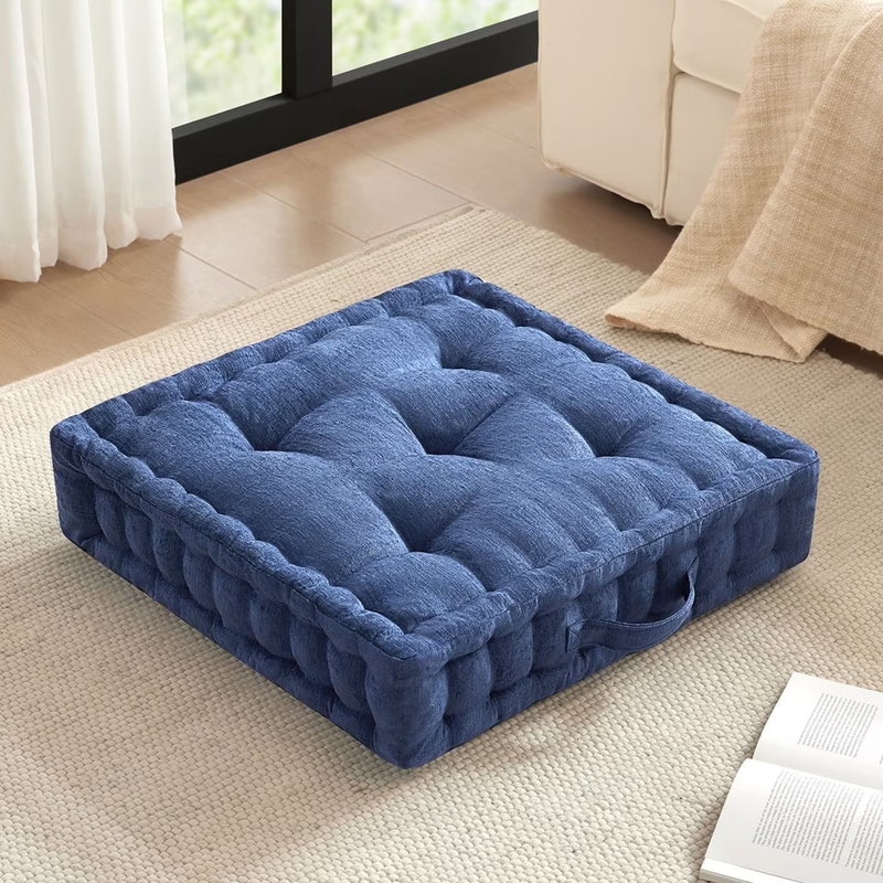 Large Tufted Floor Pillow 24"x24" Chenille Meditation Cushion Navy0