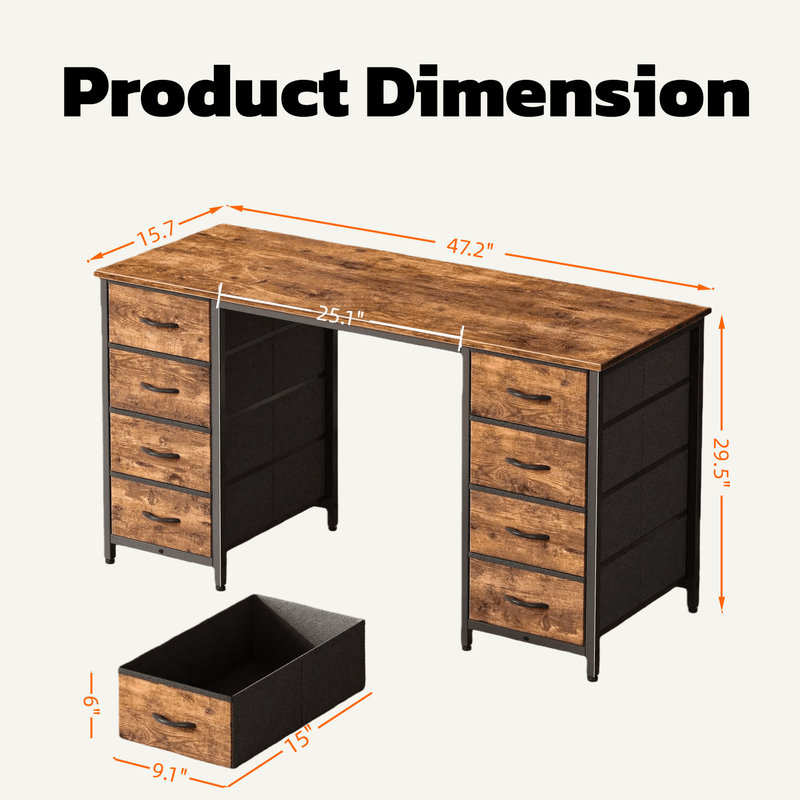 47 Inch Computer Desk with 8 Fabric Drawers, Home Office Desk Workstation for St4