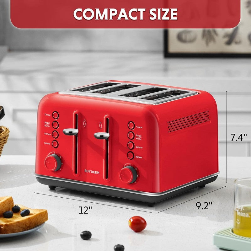 Retro 4 Slice Toaster 1800W Extra Wide Slots 7 Shade Bagel Muffin Stainless Red5