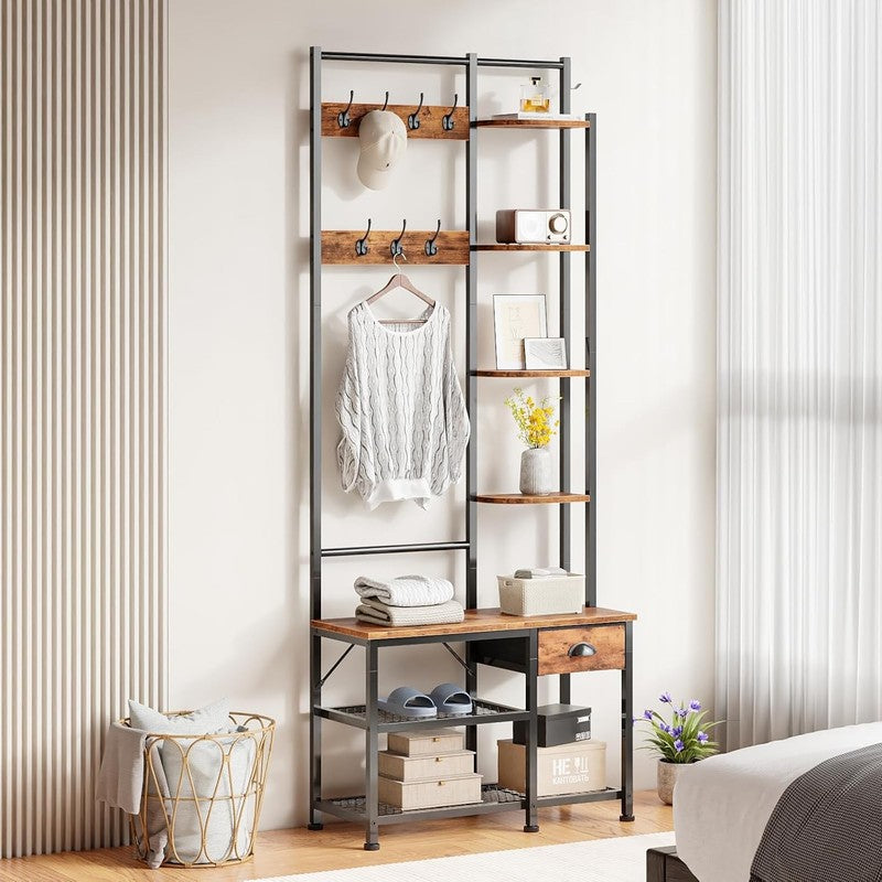 Hall Tree Entryway Bench with Coat Rack & Shoe Storage 4-in-1 Rustic Brown6