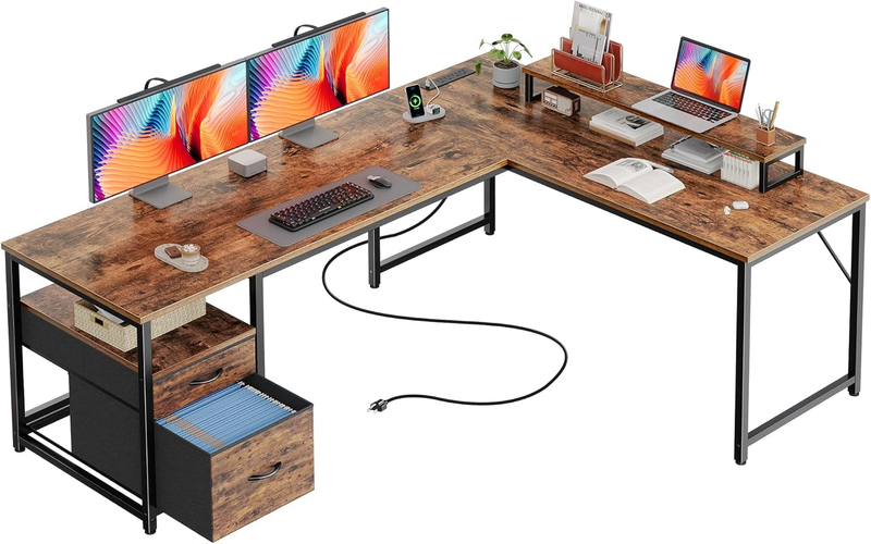 63'' L Shaped Desk w/ USB C Power Outlets Corner Office Desk Rustic Brown0