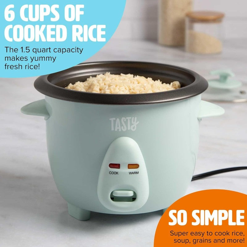 Tasty 2.5Qt Rice Cooker, Aqua – 6 Cups Cooked, Auto Keep Warm, Nonstick1