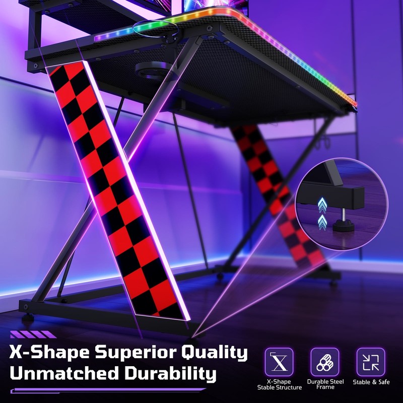 43" X-Shaped Gaming Desk Music Sync LED with Monitor Stand Red Racing1