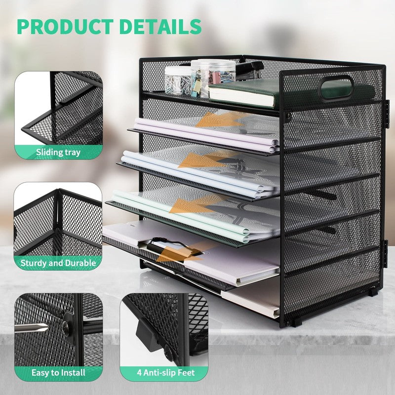 6-Tier Desk Organizer Paper Storage Box ,Stationery Tray with Handle Mesh Statio4