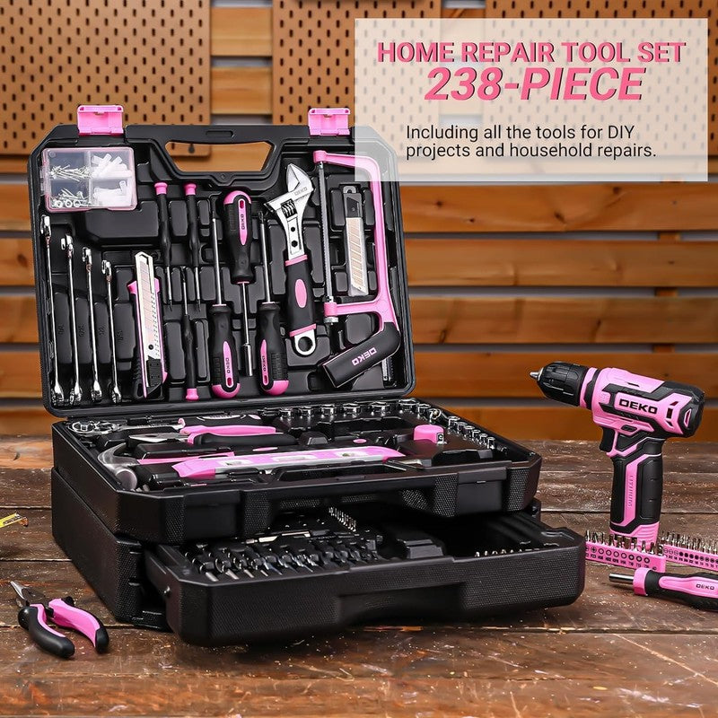 12V Cordless Drill Tool Kit Pink Home Repair Toolbox Combo w Organizer Case4