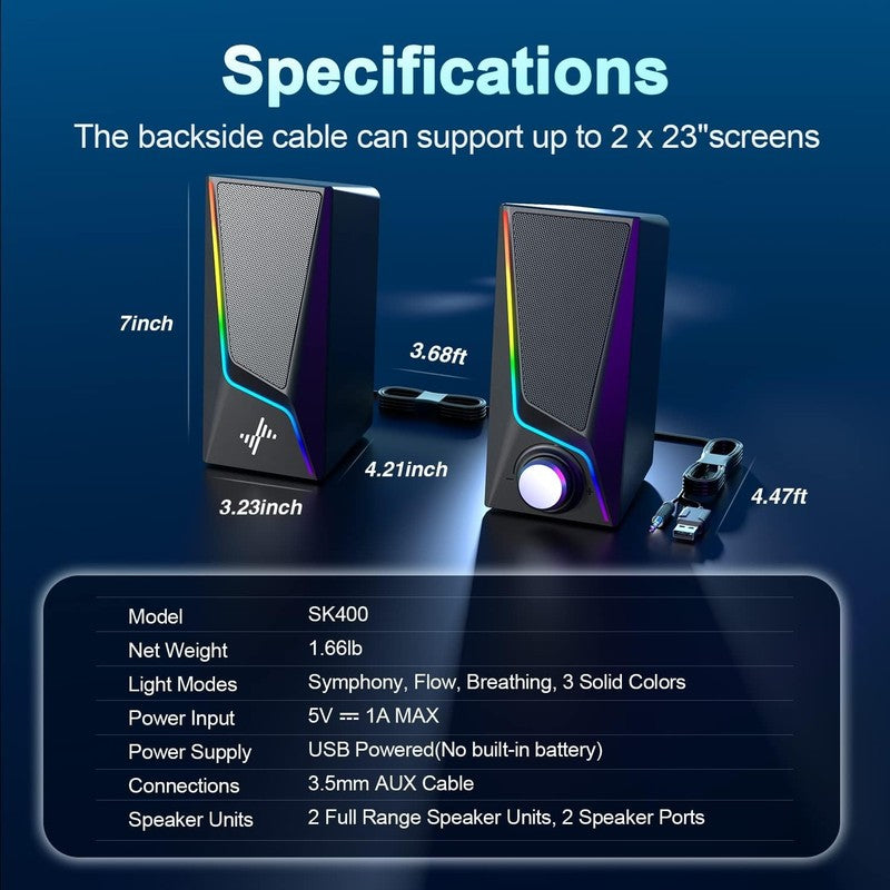 Nylavee PC Computer Speakers USB 3.5mm RGB 6 Modes Bass Boost Desktop5