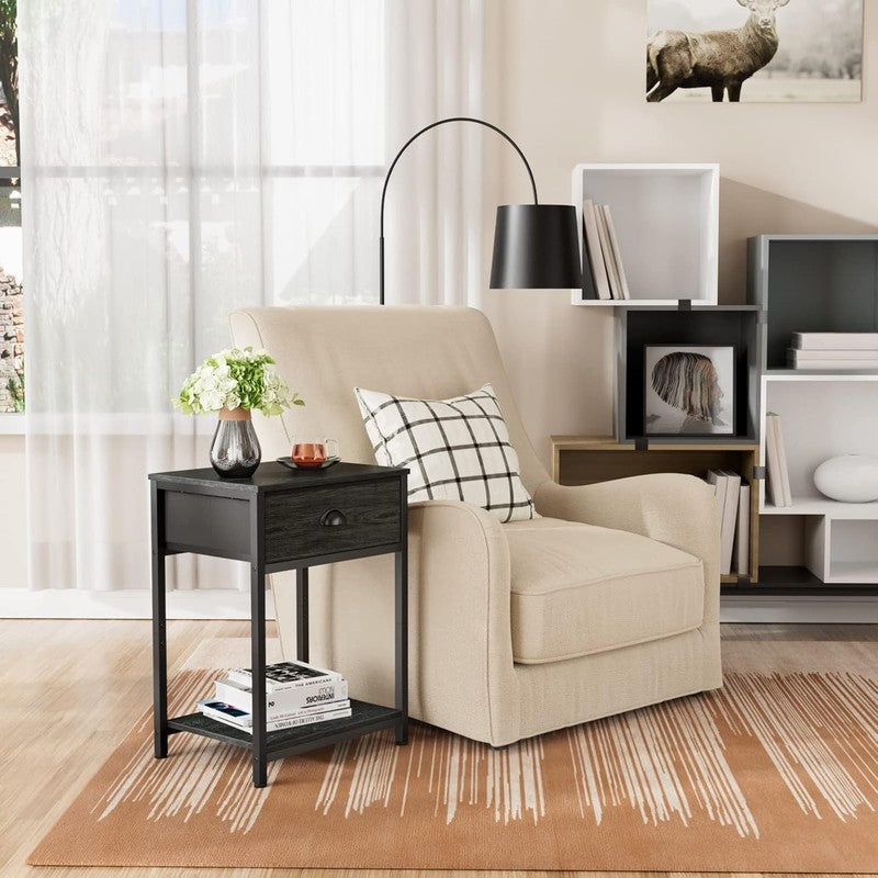 Set of 2 Industrial Nightstands with Drawer & Shelf, Black Oak 23.6" Tall8