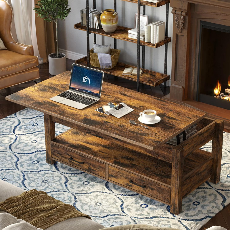 Lift-Top Coffee Table with Drawers Hidden Compartment Rustic Brown1