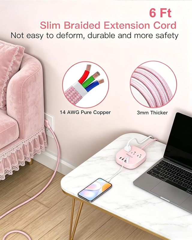 Cruise Approved Power Strip 3 Outlets 4 USB 2 USB C 6FT Pink5