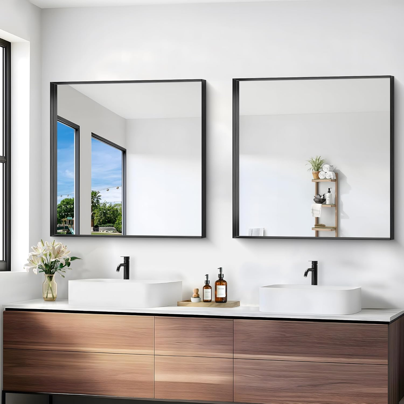 Black Bathroom Mirror, 30X30 Inch Rectangular Framed Mirror, Large Wall Mounted 4