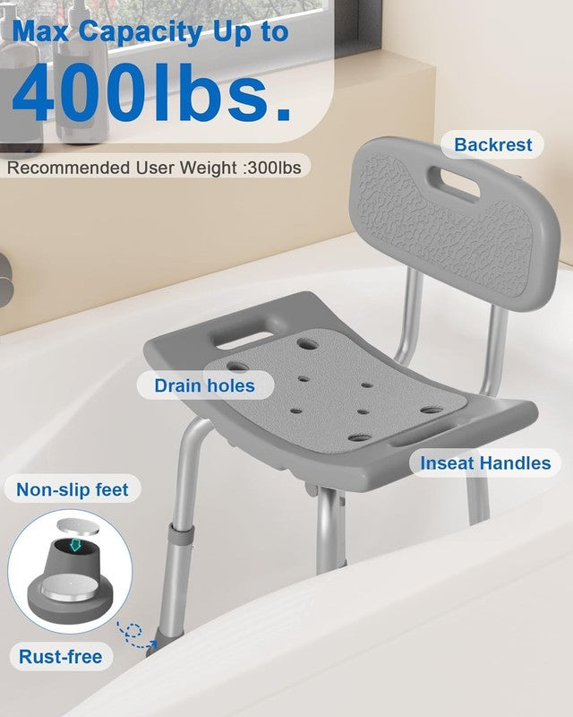 Heavy Duty Shower Chair 400lb Bath Seat w/ Back for Seniors – Gray1