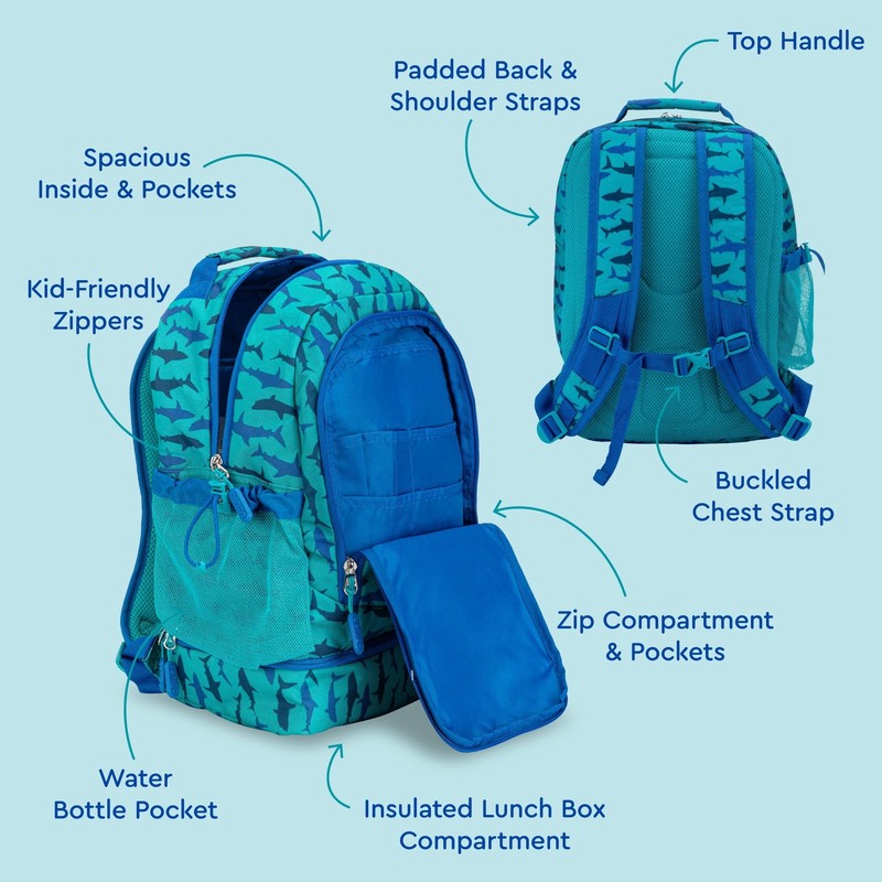 Kids 2 in 1 Backpack and Insulated Lunch Bag Shark Print Water Resistant School2