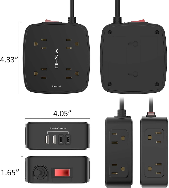 6FT Surge Protector Power Strip 8 Outlets 4 USB Ports Flat Plug Black6