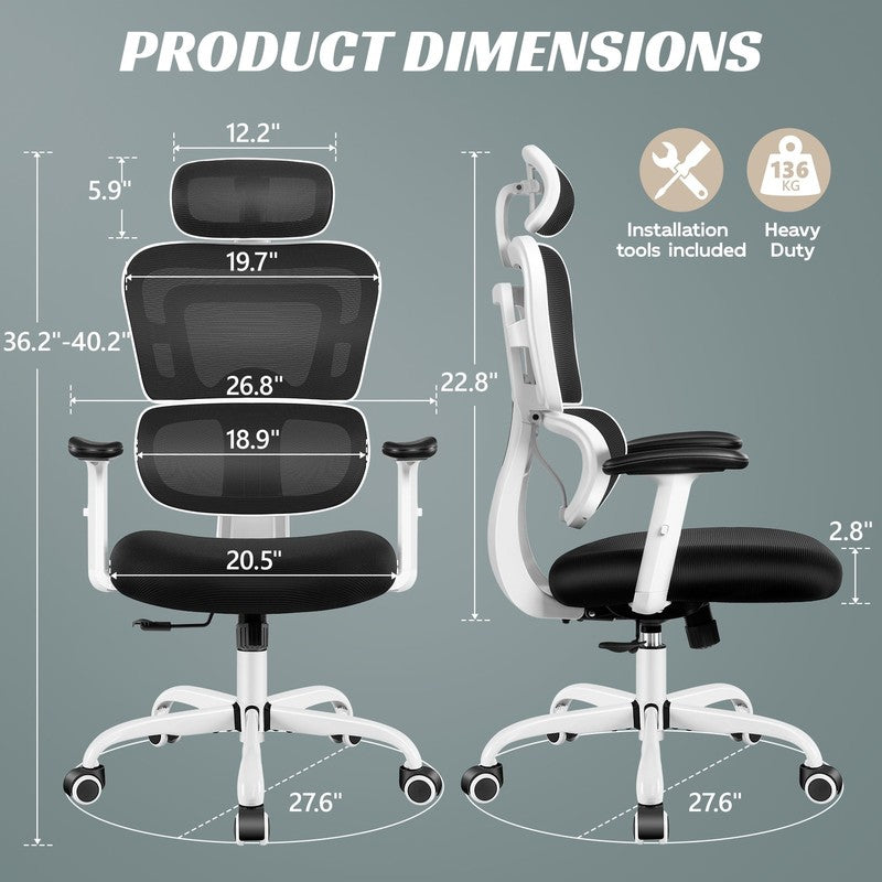 Ergonomic High Back Office Chair with Lumbar Support and Cushion, 300Lbs, White1